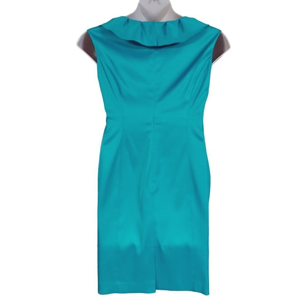 Evan-Picone Petite Green Satin Ruffle Neck Sleeveless Formal Sheath Dress - Picture 3 of 8